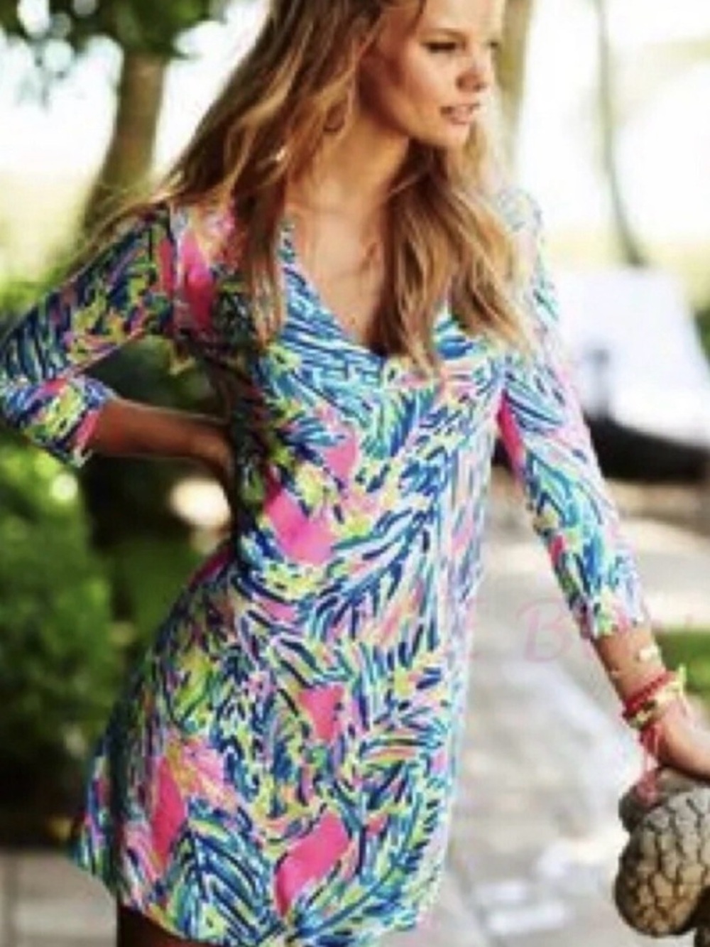 Lilly Pulitzer Pink, Blue, Green Tropical Print V-Neck Dress